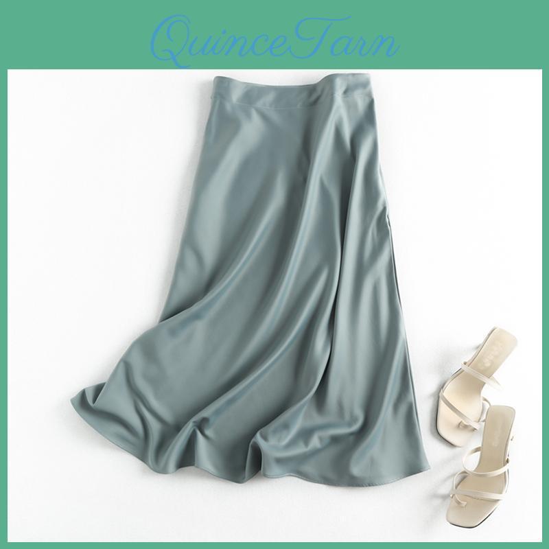 For Midi Suitable Skirts Summer Office Lady Satin High Waist Simple Elegant England Style