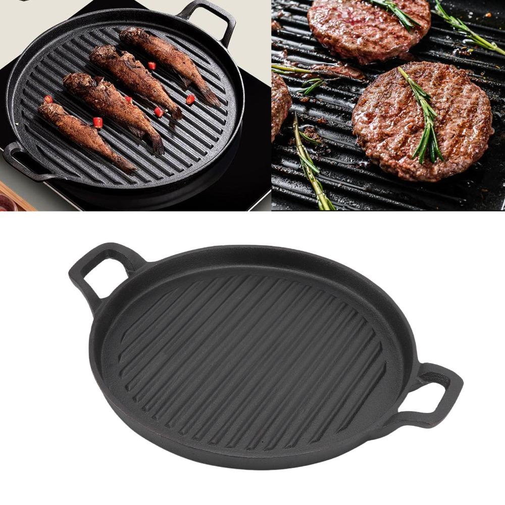 Round Flat Bottom Steak Frying Pan Cast Iron Barbecue Pan Stovetop Griddle Home Kitchen Cooking