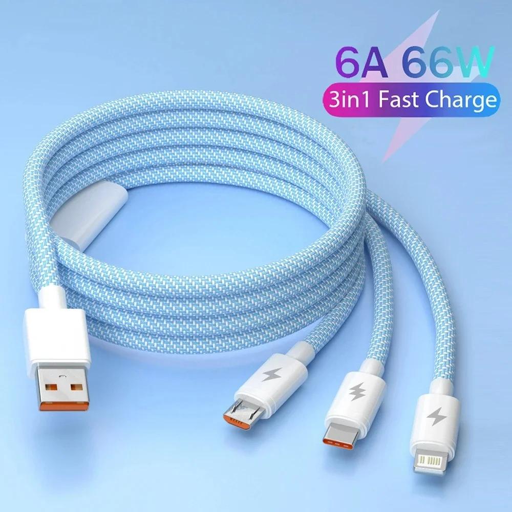 Universal 3-in-1 USB C Charging Cable for iPhone Samsung Android 6A Fast Charge Type-C Micro USB 1.2M Nylon Quick Charger Cord