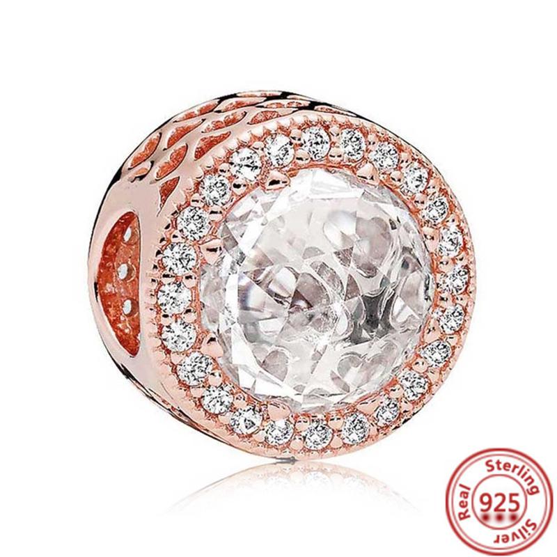Hot Sale Rose Gold Series Pink Zircon Leaves Heart Pendant Sparkling Clip Bead Fit Charm Bracelet DIY S925 Silver Jewelry