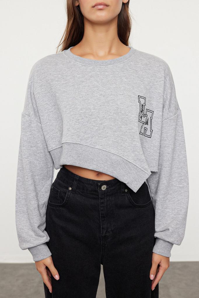 Women's Fashionable Stylish Sweatshirt Emerald Green Oversize Wide Fit Asymmetrical Crop Thick Knitted Sweatshirt