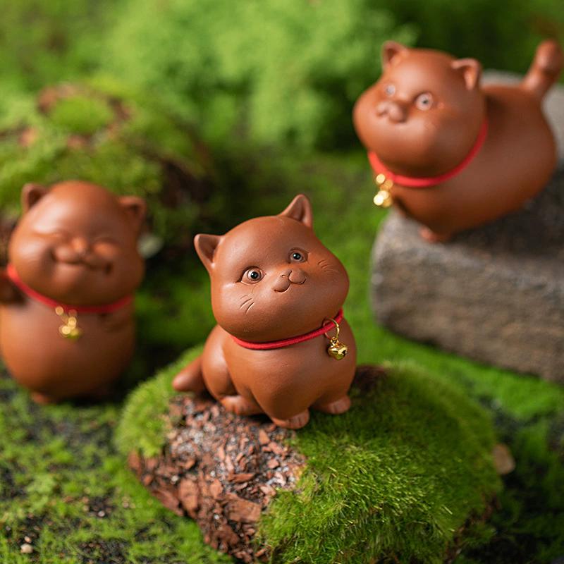 Счастливый Кот-Колокольчик Чайный Питомец - Ручная Работа Из Фиолетовой Глины, Статуэтка Котенка, Милое Украшение для Офиса и Дома, Подарок в Китайском Стиле
