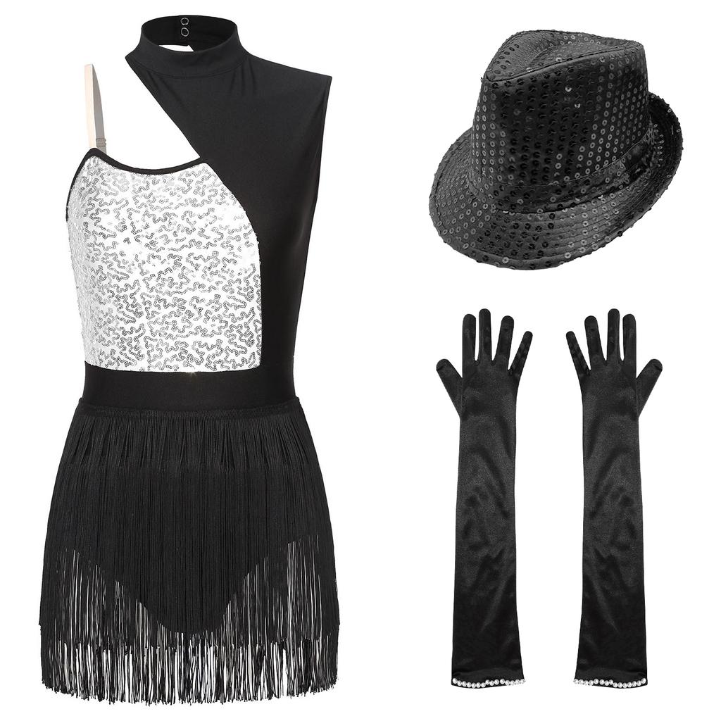 Womens Latin Jazz Dance Outfit Cutout Sleeveless Leotard Shiny Sequins Contrast Color Patchwork Fringed Bodysuit Gloves Hat