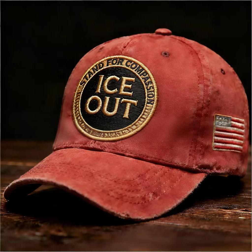 ICE Out Embroidered Baseball Cap Stand For Compassion Kindness Vintage Distressed Hat With American Flag Detail