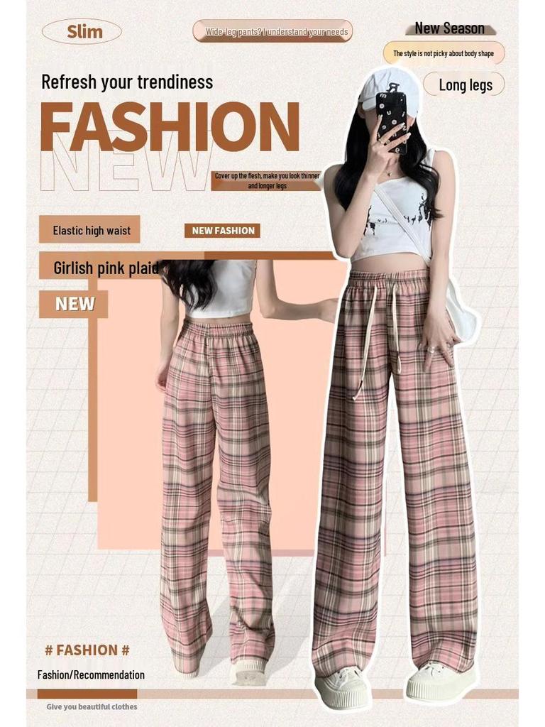 Pink Plaid Wide-Leg Pants for Petite Pear-Shaped Women - Slim Fit, Loose Straight-Leg, Floor-Length for Spring/Autumn