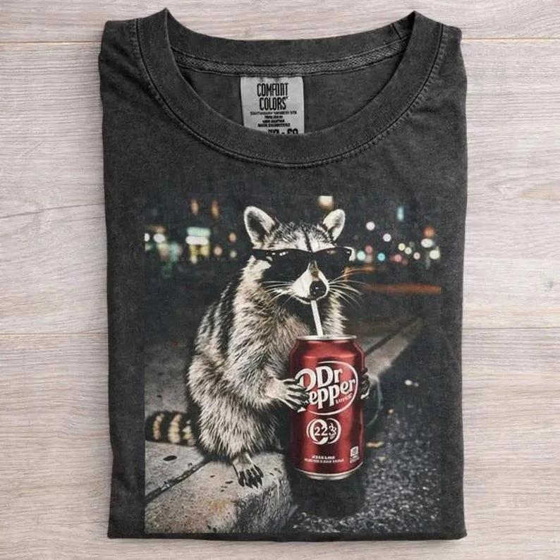 Cool Raccoon Graphic Tee, Fun Animal Lover Shirt, Vintage Raccoons Dr Pepperr