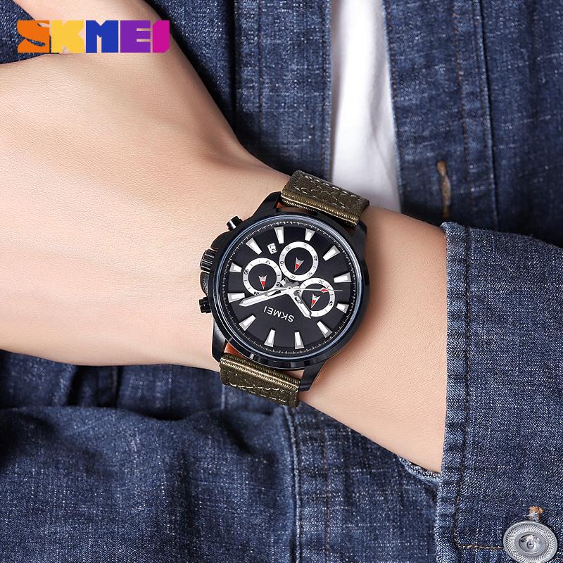 Skmei Часы для мужчин Водонепроницаемые секундомер Дата Кварцевые часы Высококачественный кожаный ремешок Износостойкий нейлоновый ремешок Модные повседневные мужские часы 2071