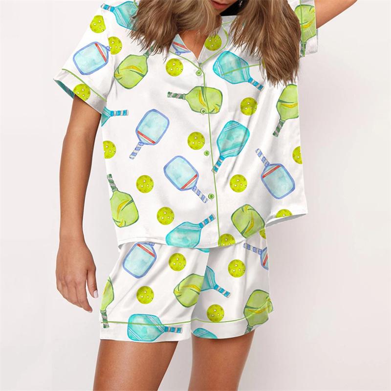 Шелковая пижама для женщин, атласный уютный комплект из 2 предметов, принтованные шорты в стиле преппи, подходящие эстетичные комплекты пижам и рубашек