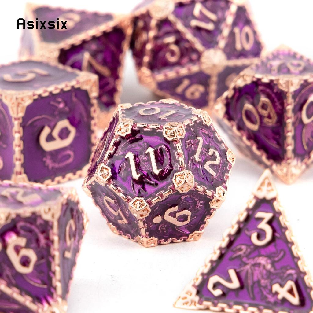 7 Pcs Purple Dragon Metal Dice Solid Metal Polyhedral Dice Set Suitable for Role-Playing RPG Board Game Card Game