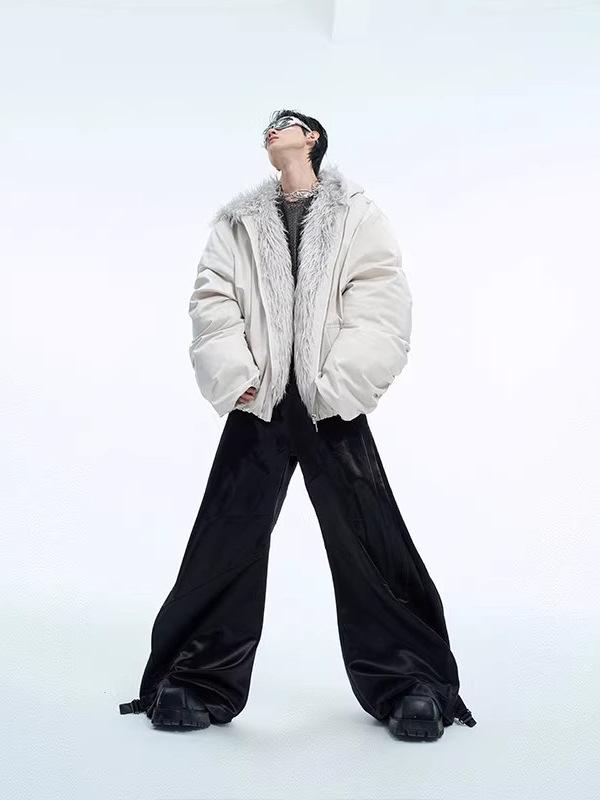 Zuo Shan Diao Men's Fur Collar Hooded Waterproof Cotton Jacket - Heavyweight, Velvet-Lined, Autumn/Winter Patchwork Outerwear