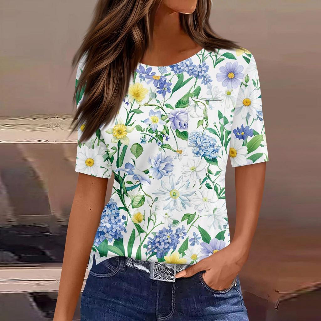 Футболки для женщин с круглым вырезом, нарядные повседневные блузки с принтом, короткие рукава, летние топы свободного кроя