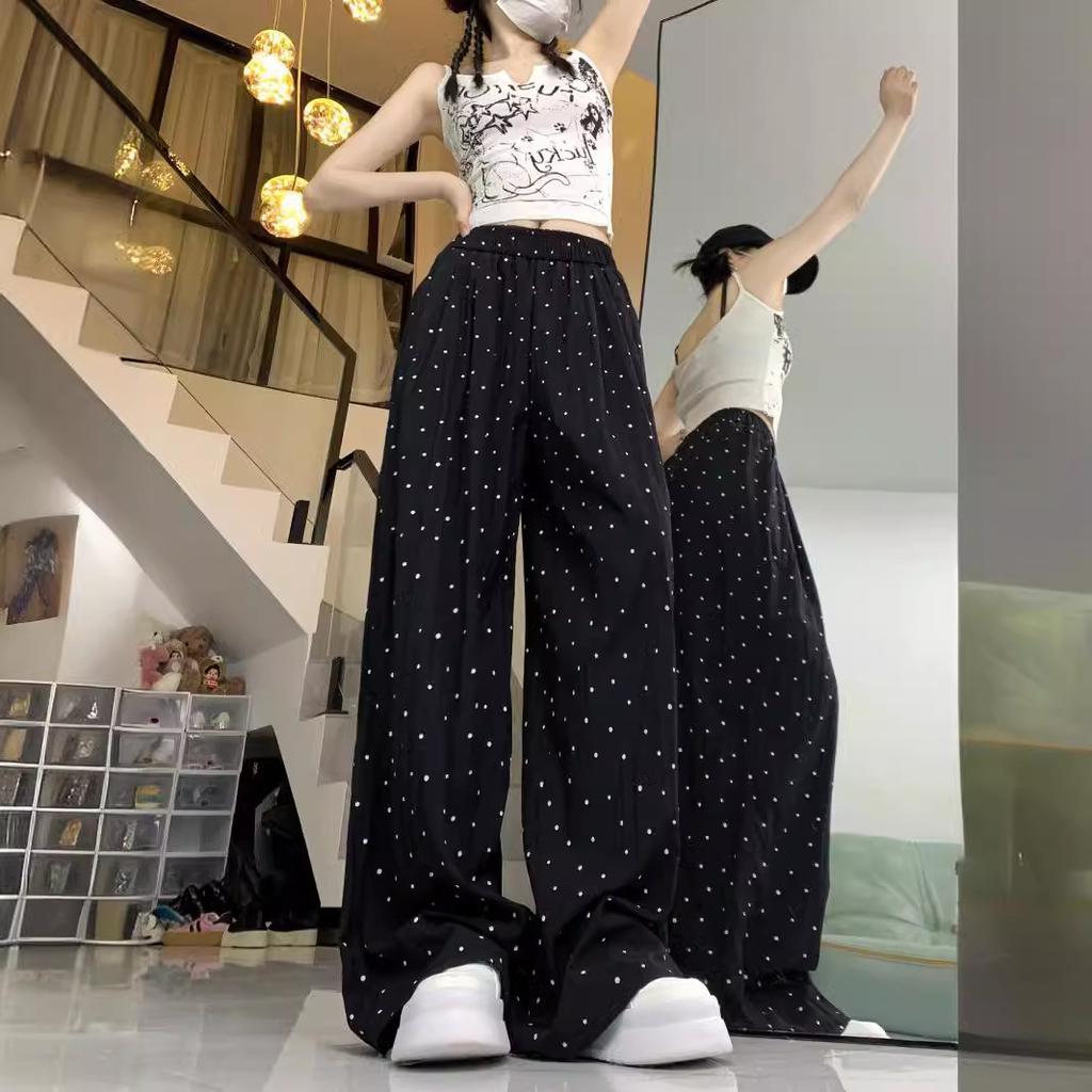 Polka Dot Ice Silk Cool Pants Wide-leg Pants for Women In Spring and Summer Thin High Waist Drape Straight-leg Pants Sun Protection Casual Trousers