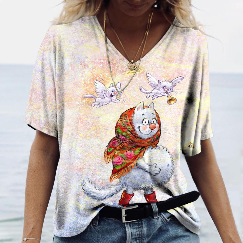 Женская футболка с 3D принтом «Манга Кот» в стиле Харадзюку, летний топ с короткими рукавами и v-образным вырезом, повседневная женская одежда, футболки большого размера