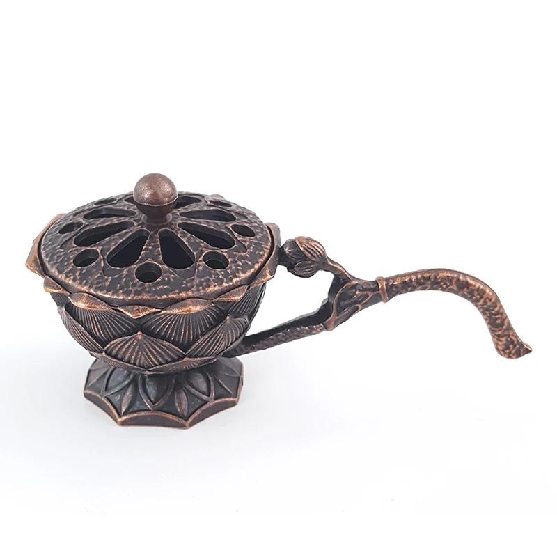 Lotus Flower Incense Burner With Handle Retro Copper Lotus Hollow Out Incense Stick Burner Brass Small Metal Craft Home Decor