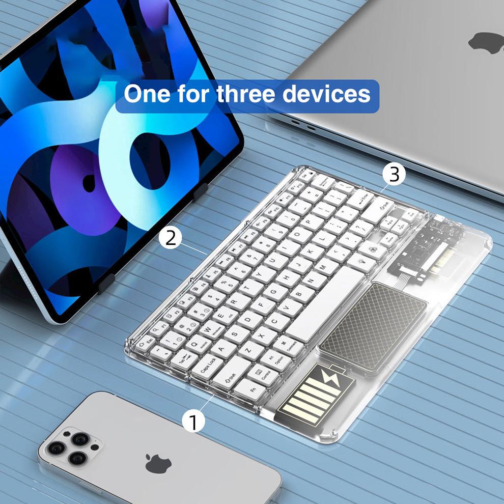 JOMAA Прозрачная беспроводная Bluetooth-клавиатура с сенсорной панелью, перезаряжаемая клавиатура с RGB-подсветкой для iPad, телефона, планшета