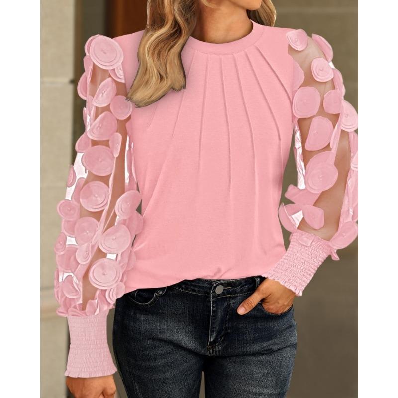 YYFS Women's Fashion Casual Spring Fall Solid Color Print Long Sleeve O-Neck Blouses & Shirts