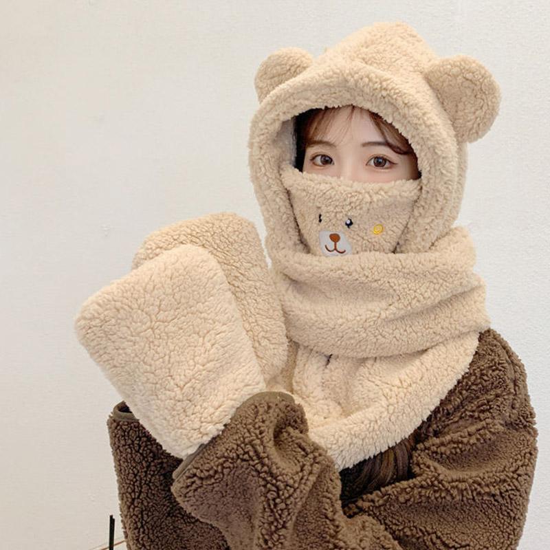 Winter Women One Piece Scarf Cap Winter Thick Warm Hat Scarf Gloves Windproof Anti-cold Girls Cartoon Bear Lamb Fleece Beanie