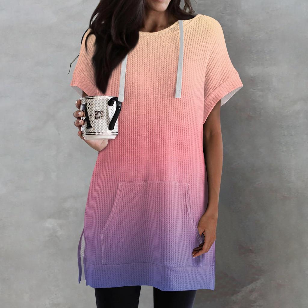 Женские свободные рубашки с принтом, толстовки с короткими рукавами и шнурком, вязаная туника с боковыми разрезами, топы с капюшоном и карманом