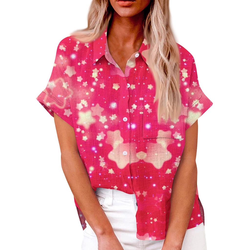 Женская свободная повседневная рубашка с короткими рукавами и отворотом с цифровым принтом и карманом