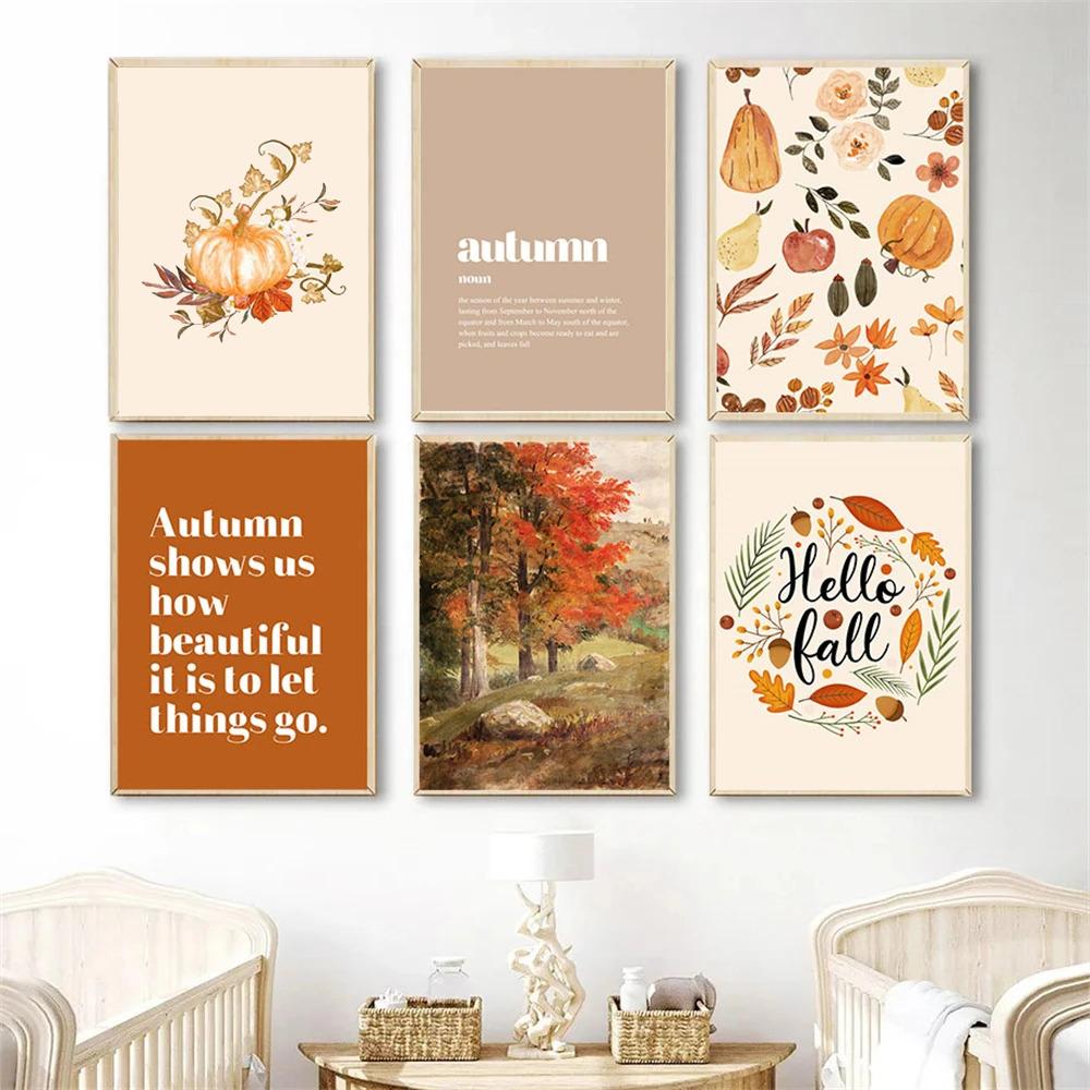 Canvas Painting Autumn Scenery Leaf Poster Print Nordic Wall Pictures Living Room Home Decor Hello Pumpkin Art