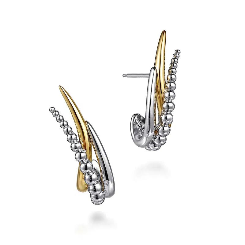 Bi-Color Mixed Metal Ball Bead Inlaid Curved Pointed Piercing Earrings Irregular Wrap Trendy Daily Ladies Accessories
