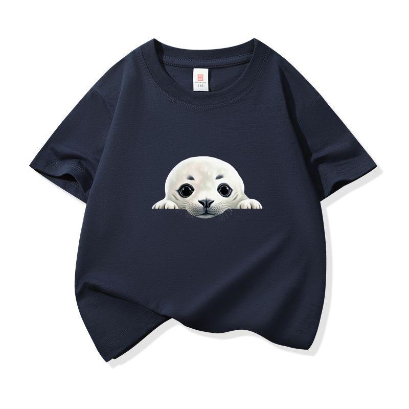 Kids Cotton T Shirt Cute Peeking Seal Print Crew Neck Short Sleeve Tee Casual Breathable Boys Girls Summer Tops