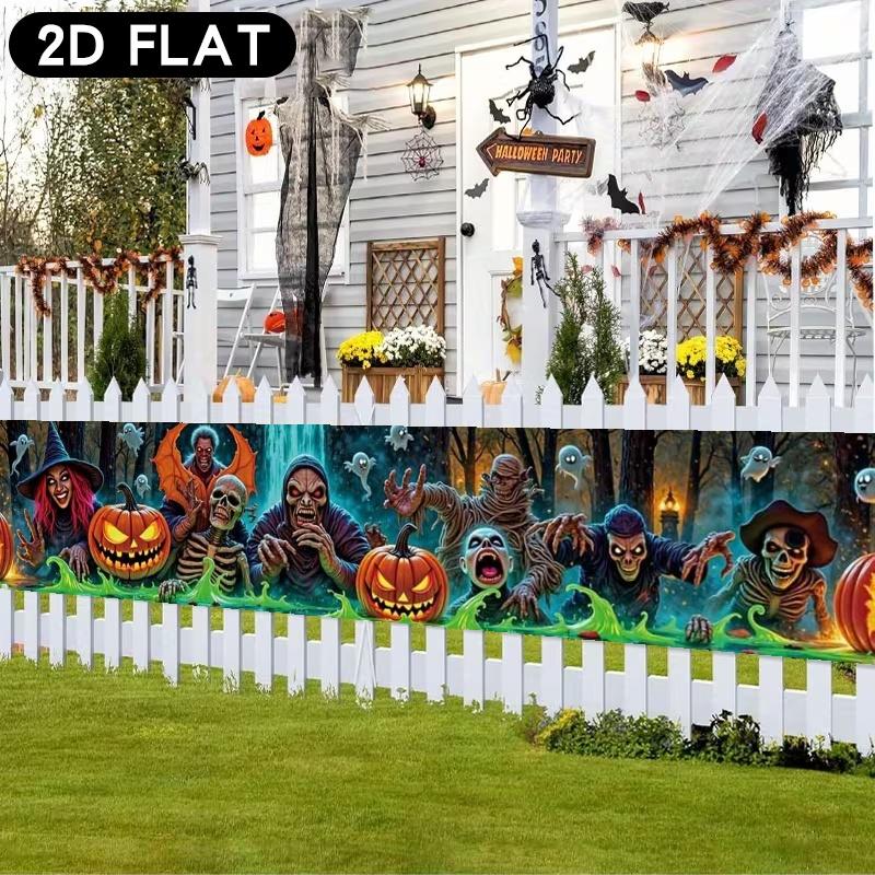 Halloween Horror Fence Party Banner Strip, Witches Zombies Pumpkins Ghosts Design, Polyester Outdoor Garden Decoration