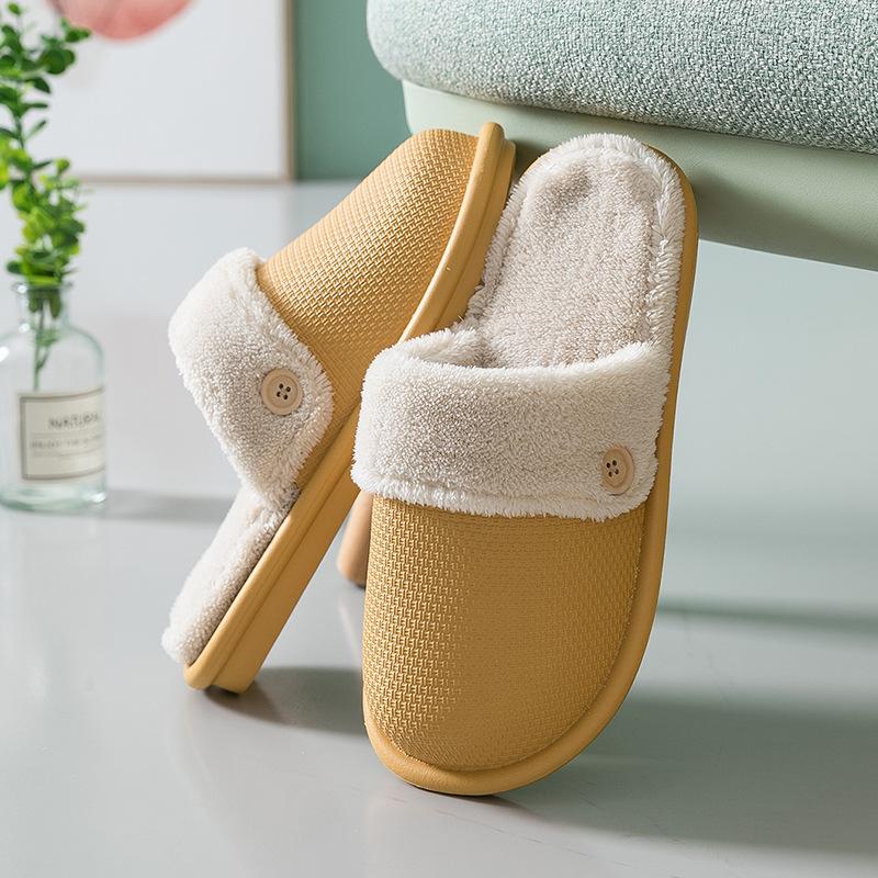 Female And Male Waterproof Cotton Slippers Female's Winter Warm Household Non-Slip Indoor Button Solid Color Plush Slipper