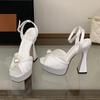 Pesstwei New Summer Fashion Peep Toe Sandals Women Buckle Strap Mesh Satin Pearl Square Heels Party Shoes Zapatos De Mujer
