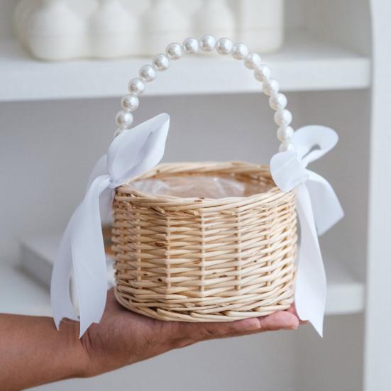 Wicker Rattan Basket Handmade Wedding Flower Basket with Faux Pearl Handle Flower Girls Basket for Home Decor Bridal Shower Picnic