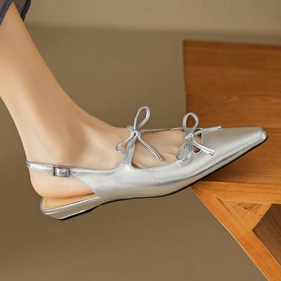 Женские туфли-лодочки из натуральной кожи на толстом среднем каблуке, размер 40, с острым носком, с открытой пяткой и узлом-бабочкой, летние