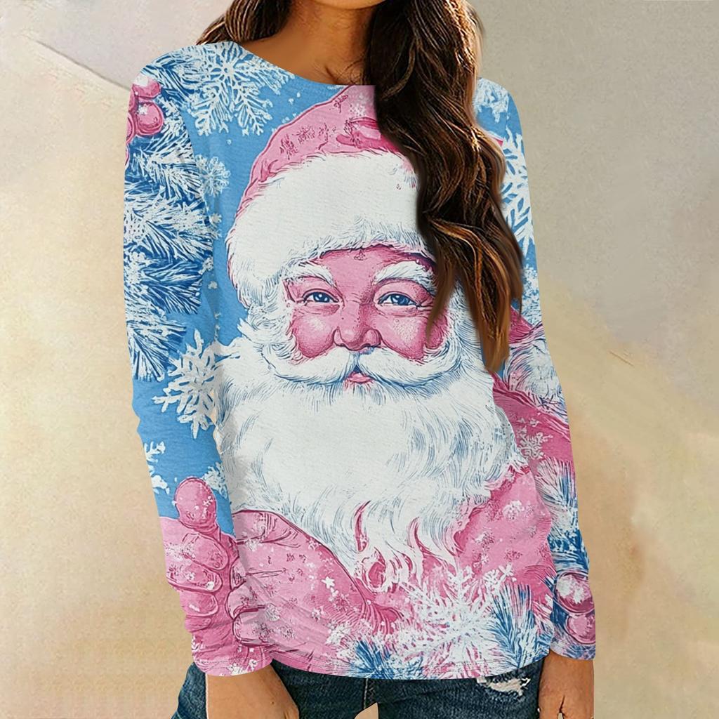 Women's Fashion Round Neck Pullover Plunging Sleeve Tee Christmas Printed Top