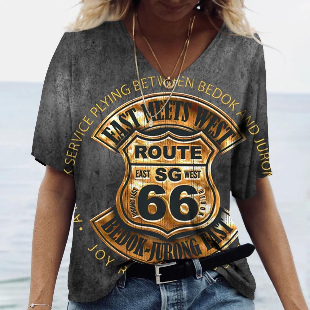 Популярные женские футболки с 3D-принтом US Route 66 и v-образным вырезом, повседневные женские пуловеры с короткими рукавами, модные топы, женская одежда