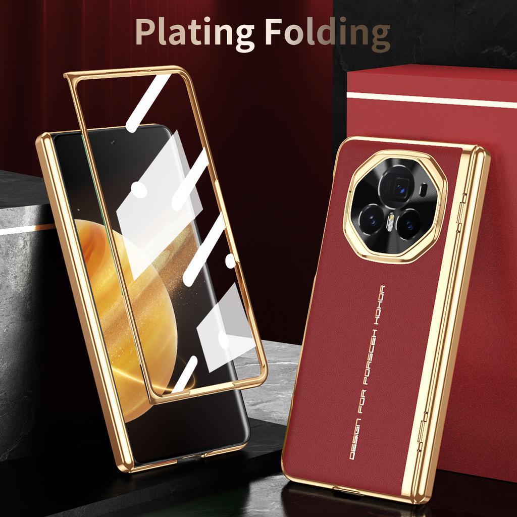 Luxury Leather Plated Frame Hinged Tempered Glass Protective Film Case for Honor Magic V6 V 5 Magic V3 All-inclusive Cover
