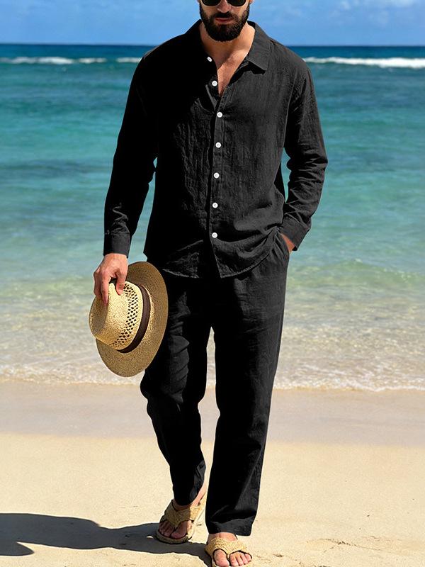 Men's European and American Linen Casual Beach Shirt and Long Pants Set