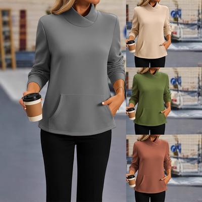 Женские весенне-осенние повседневные худи-пуловеры с большим карманом, воротником-стойкой и длинными рукавами, однотонные