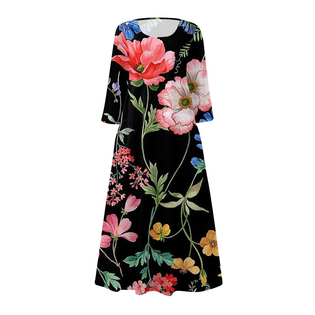 Женское модное повседневное свободное карманное платье с круглым вырезом и рукавами 3/4