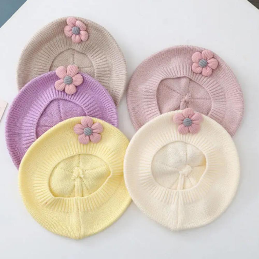 2020Flower Baby Beret Hat Winter Warm Knitted Beanie Cap for Infant Girls Korean Toddler Princess Artist Solid Color Painter Caps