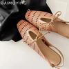 Fashion Bow Weave Hollow Loafers Shoes Women's Mid Heels Sandals Summer Designer Lace Up Casual Shoes 2025 New Slingback Sandalias Mujer