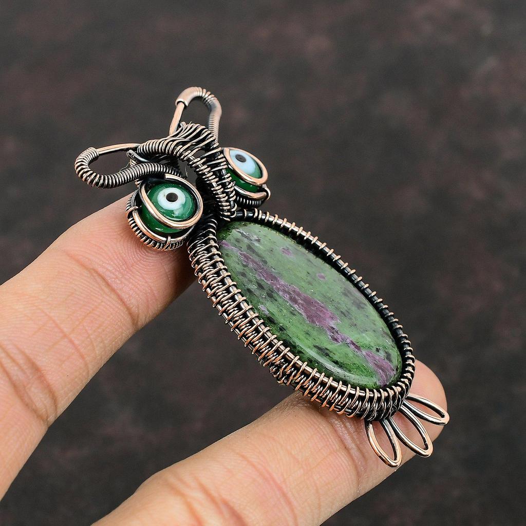 Подвеска из рубиновой меди и цоизита, зеленая подвеска от сглаза, подвеска из драгоценного камня в виде проволоки, ручная работа, медные украшения, подарок для матери, подвески в виде совы