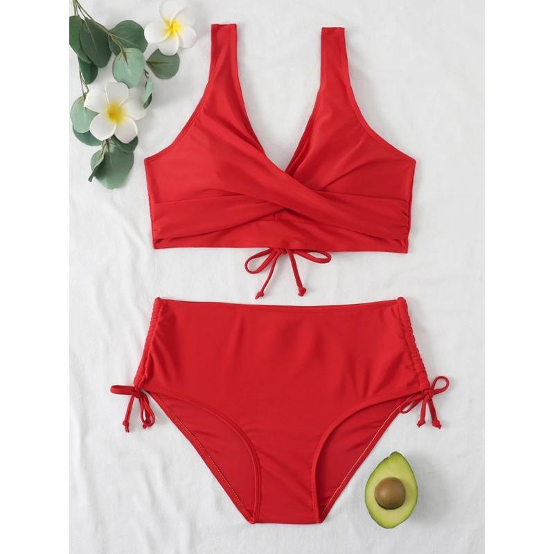 Drawstring High Waist Bikini 2025 Women Solid Swimwear Female Cross Front Swimsuit Padded Beachwear Bather Bathing Swimming Suit