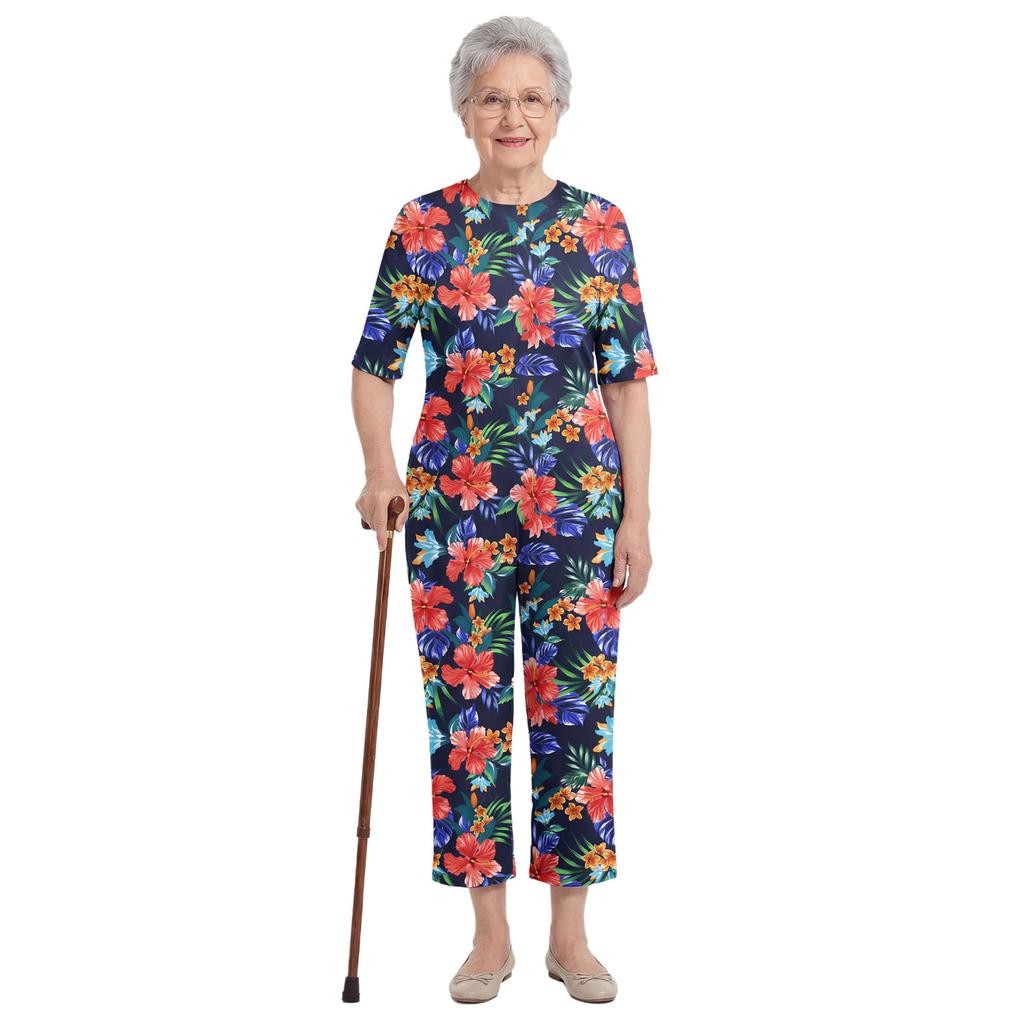 S-3XL Womens Elderly Nursing Floral Print Jumpsuit Short Sleeve Back Zipper Lounging-style Anti-strip Adaptive Rompers for Alzheimer Special Needs