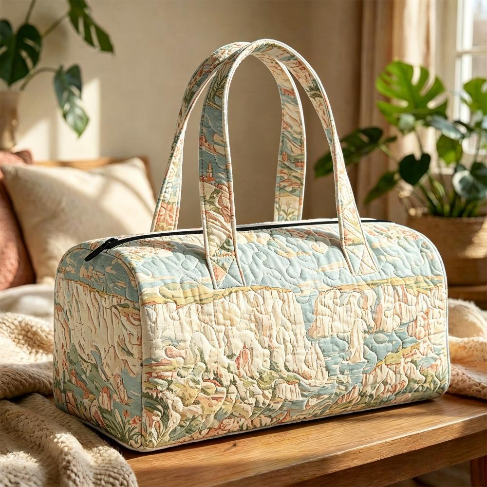 Quilted Travel Hand Soft Pastel Canyon Landscape Weekend Bag Bohemian 3D Quilted Leisure Travel Fitness Watercolor-style Cliffside Ocean View Graphic