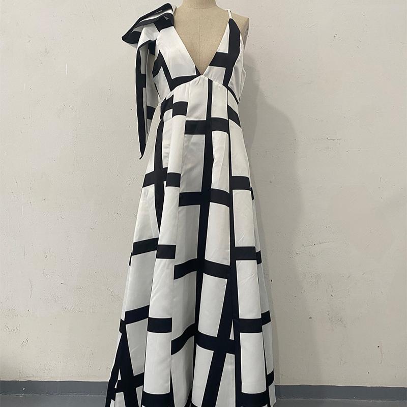 Модное длинное платье с геометрическим узором и высокой талией, элегантное женское вечернее платье, сексуальное женское вечернее платье без рукавов с открытой спиной