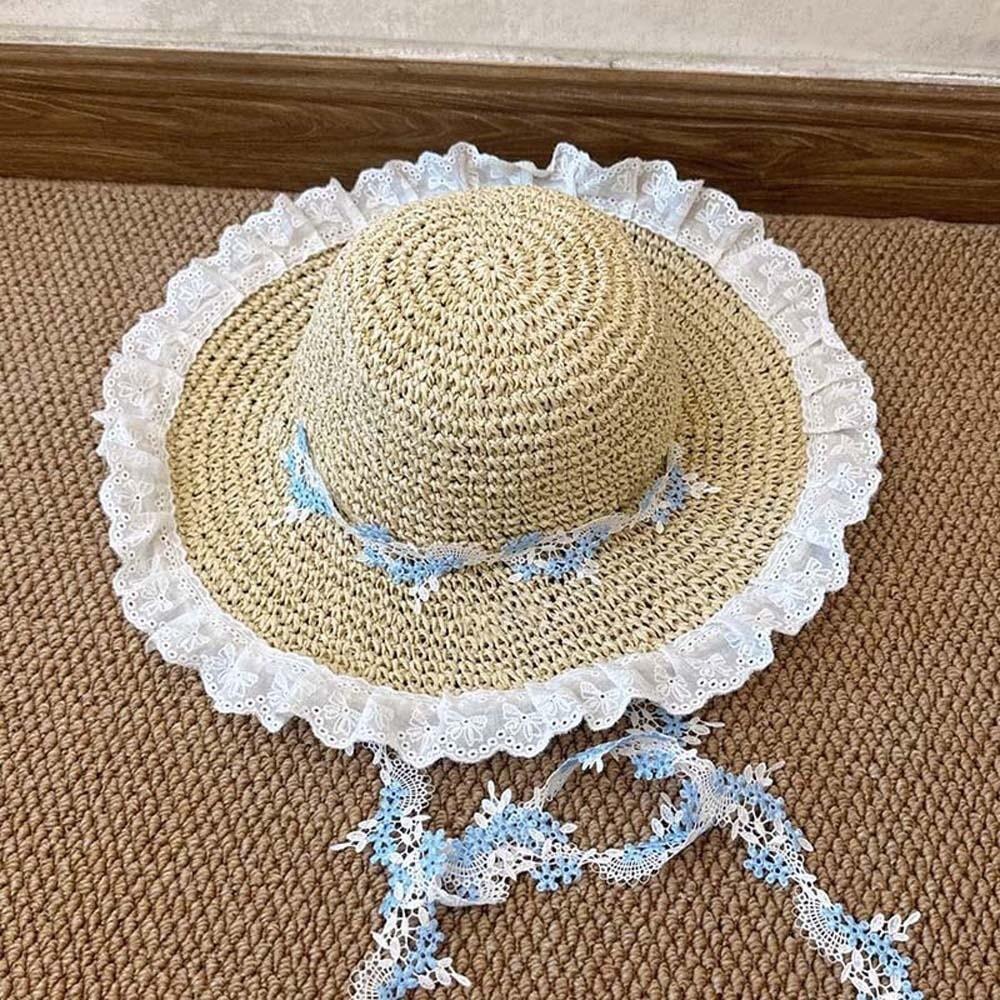 Breathable Vacation Beach Cap with Garland Woven Sun Cap Big Brimmed Straw Hat Masquerade