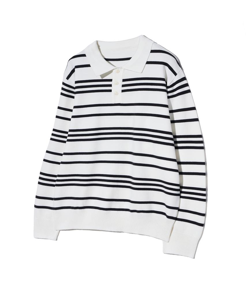 IRONYPORNO WHITELINE 86-Iroj358 Collared Neck Small Striped Long Sleeve Knit White