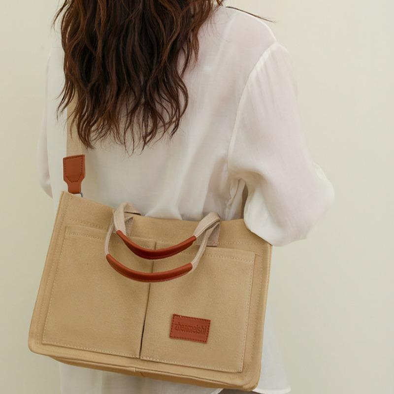 Холщовая сумка для женщин, вместительная сумка с несколькими карманами, модная сумка с диагональным ремнем, сумка с широким плечевым ремнем, сумка-тоут