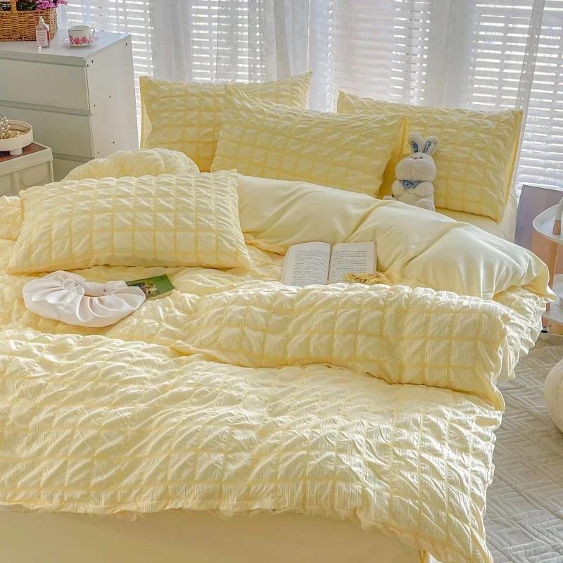 Check Bubble Fabric Bed Set Pucker Duvet Cover Pillowcase Bedding Set Bed Sheet Quilt Cover Single Queen King Size 4 Pieces Sets