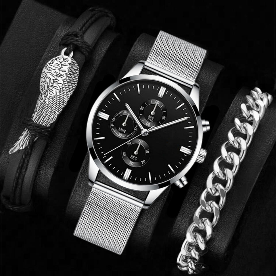 LP14 Trendy Men's Wristwatch Large Dial Watch Simple Business Bracelet Set Men's Quartz Watches Hand-woven Cord Set