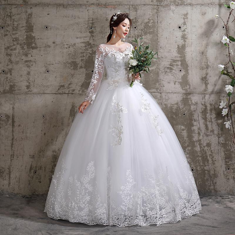 Wedding Dress Style Bride Plus Size Flower Wedding Dresses Dreamy Full-sleeve Bridal Lace Up Dresses Ball Gowns